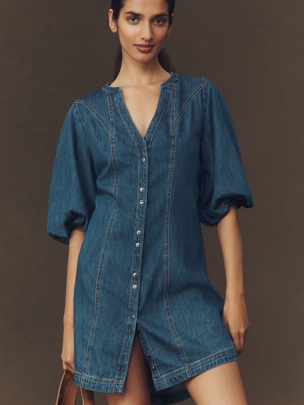 Anthropologie Puff-Sleeve Denim Shirt Dress